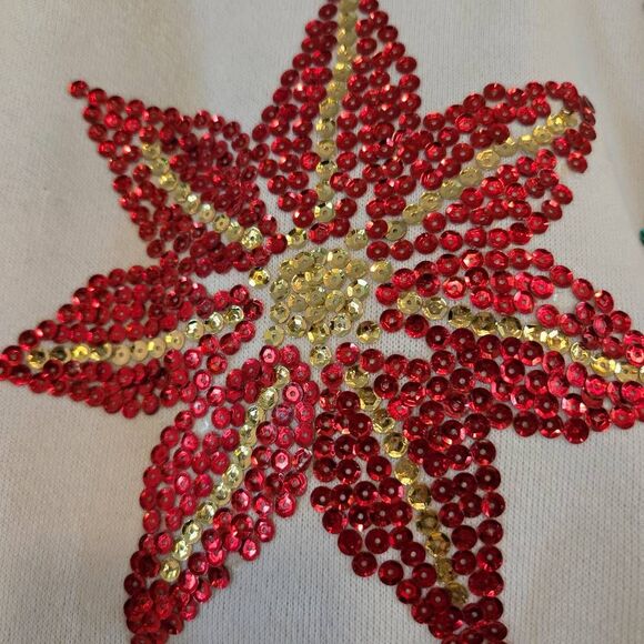 Vintage Hanes Christmas Sweatshirt Sequin Poinsettia & Holly Handmade Large - Picture 2 of 8